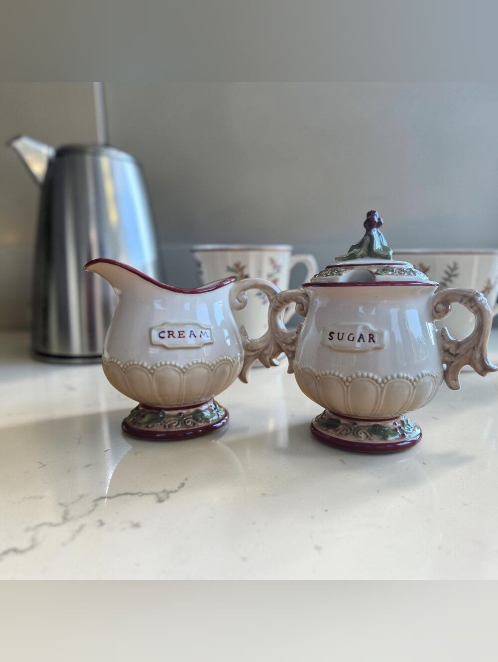 Vintage 1990s Holiday Ceramic Creamer and Sugar Bowl Set Embossed Holly